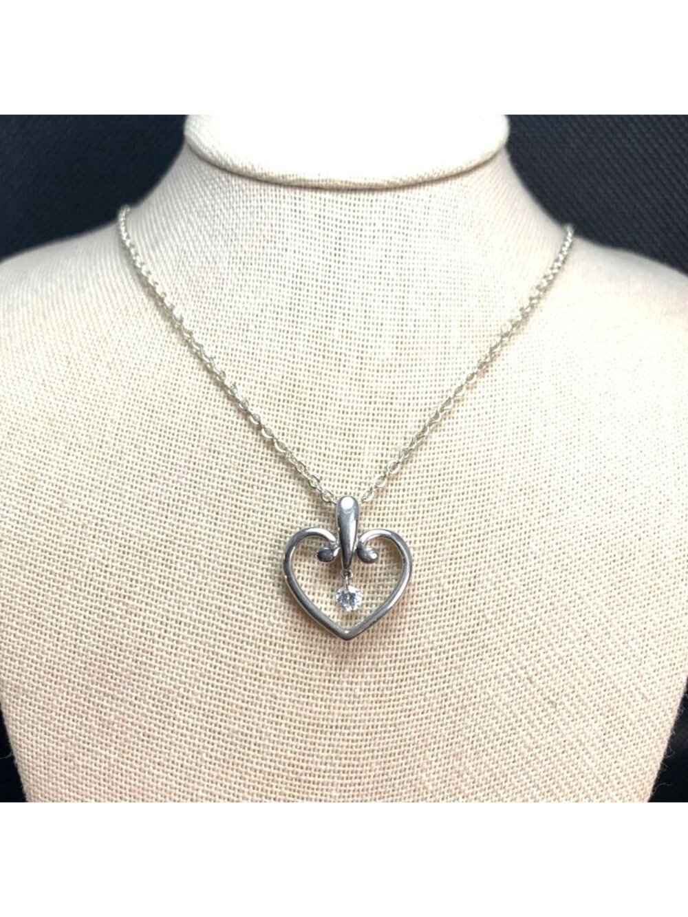 Cubic Zirconia Sterling Silver 925 Heart Pendant Necklace Size 18''